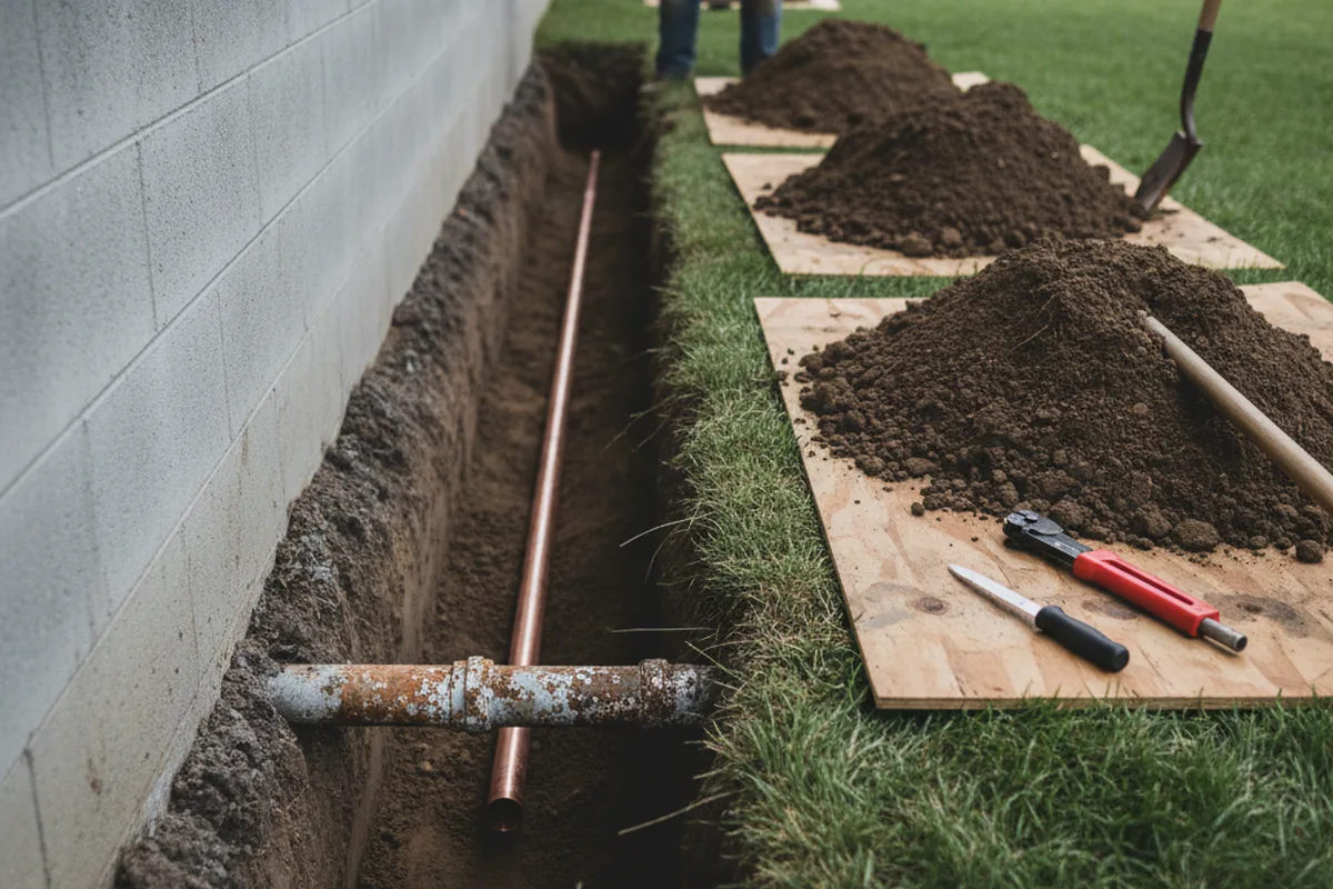 Excavated water line trench during Water Heater Repair in Jackhorn